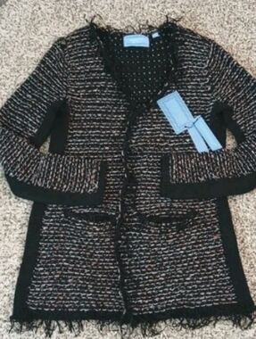Fringed Tweed Open-Front Women's Coat - Black & Cream